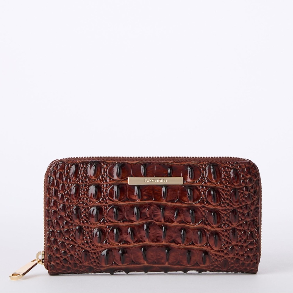Brahmin Pecan Wallet with Crocodile Texture and Gold Hardware